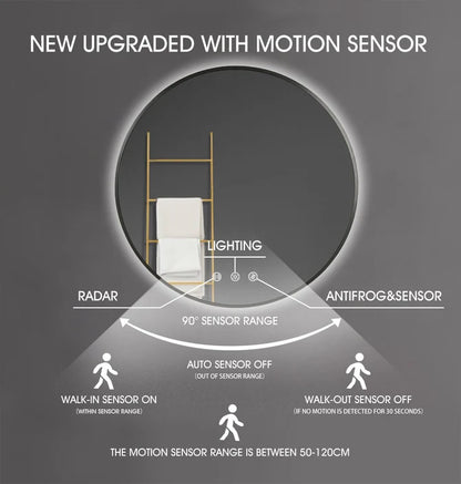 900MM ROUND BACKLIT LED MIRROR WITH GUNMETAL FRAME & MOTION SENSOR | DEFOGGER | 3 COLOURS LIGHTS