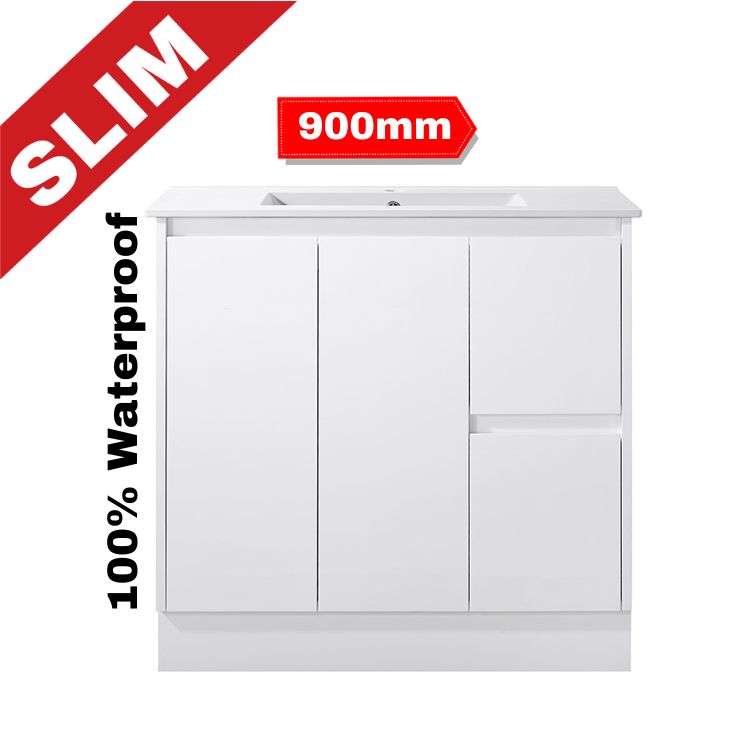 900MM SLIM PVC GLOSS WHITE VANITY 100% WATERPROOF FLOORSTANDING WITH CERAMIC TOP - The Tile Collection™