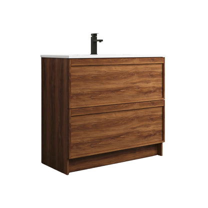 900mm Freestanding Vanity 2 Drawers in Walnut colour with Ceramic Basin. Plywood Bathroom Vanity NZ
