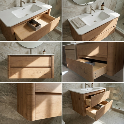 Oak Plywood Wall Hung Vanity with rounded edges and Ceramic Basin, 2 Soft Close Drawers