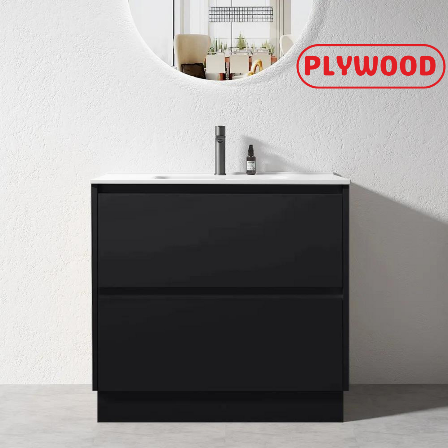 900MM POLO DARK OAK PLYWOOD FLOORSTANDING VANITY WITH CERAMIC TOP - The Tile Collection™