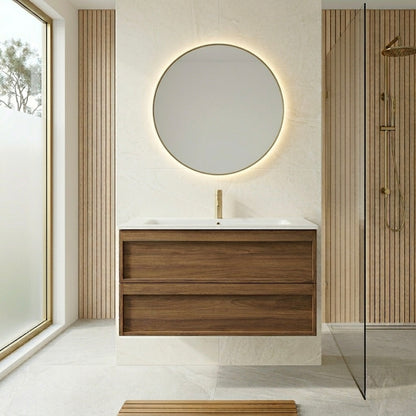 Walnut Wall Mount Vanity with 2 Drawers and Ceramic Basin. Plywood Wall Hung Vanity NZ