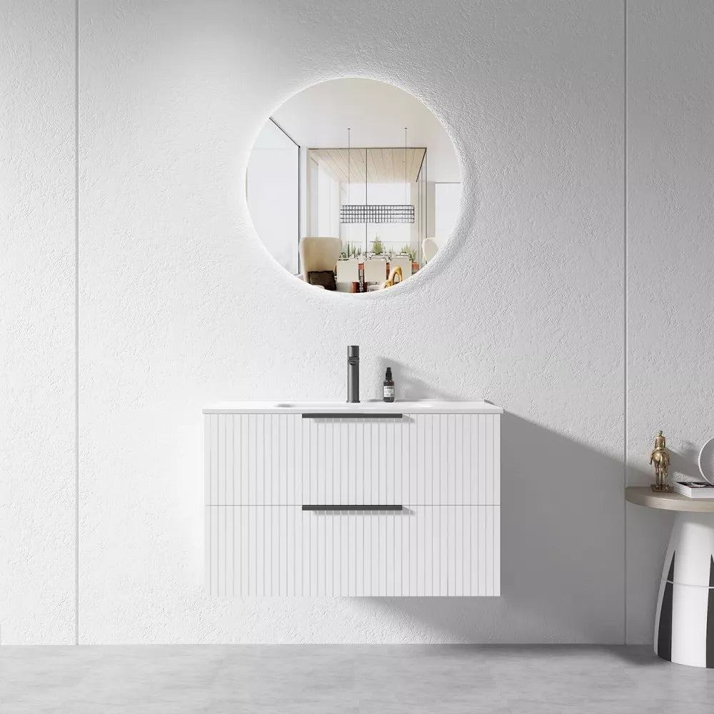 WHITE WALL HUNG VANITY | 900MM | FLUTED | PLYWOOD - The Tile Collection™