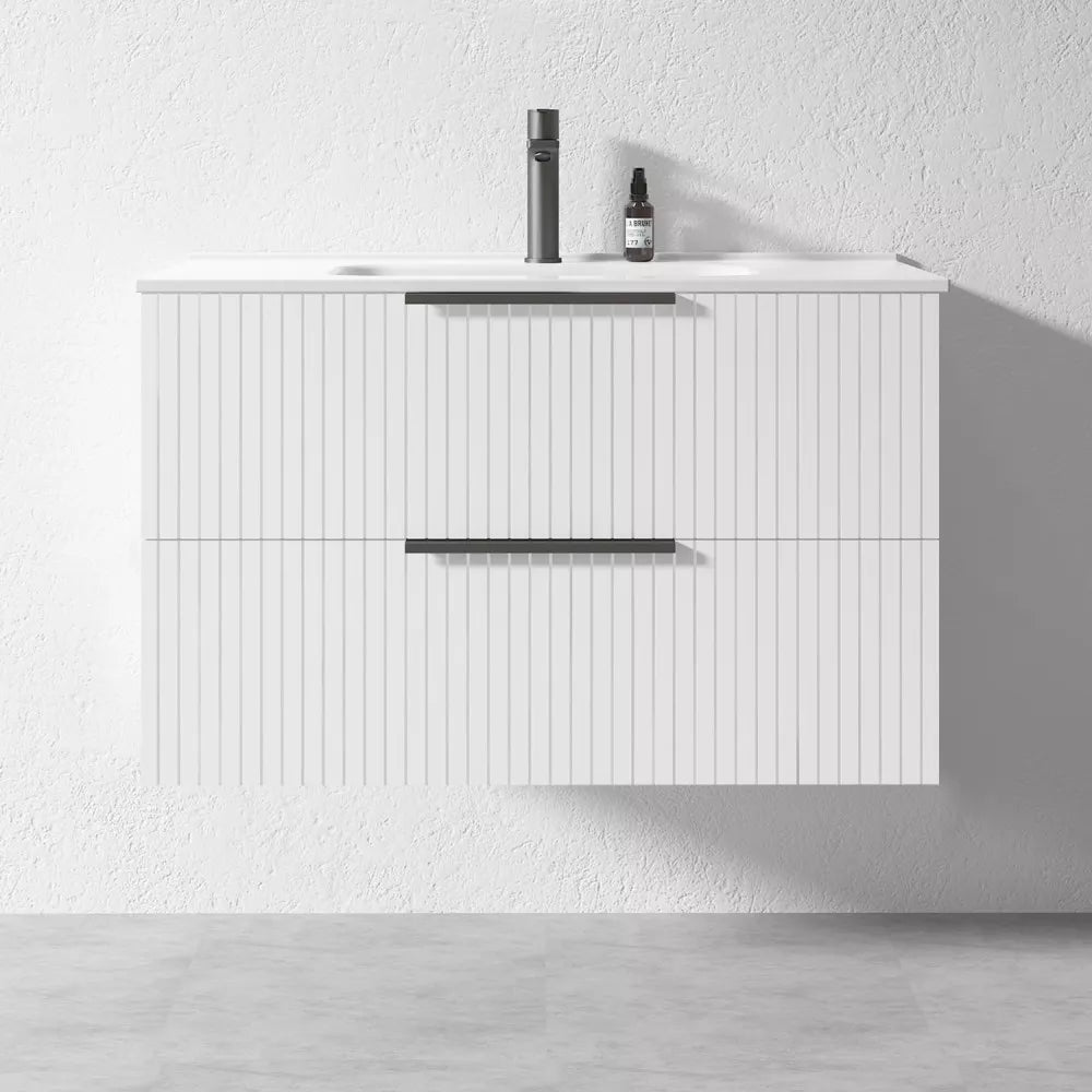 WHITE WALL HUNG VANITY | 900MM | FLUTED | PLYWOOD - The Tile Collection™