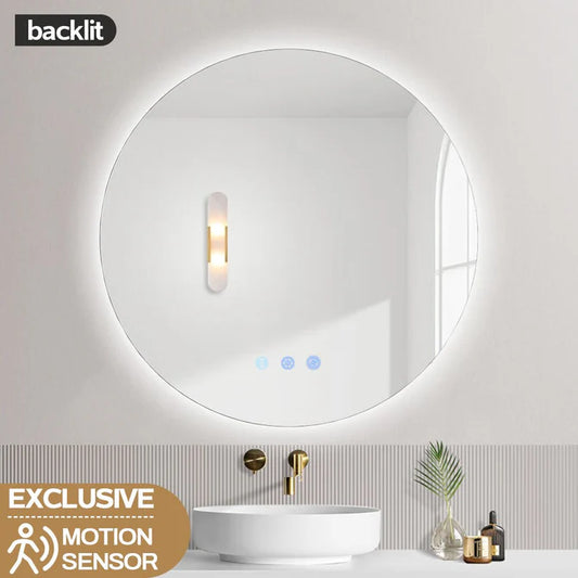 900MM ROUND BACKLIT LED MIRROR WITH MOTION SENSOR  DEFOGGER | 3 COLOUR LIGHTS