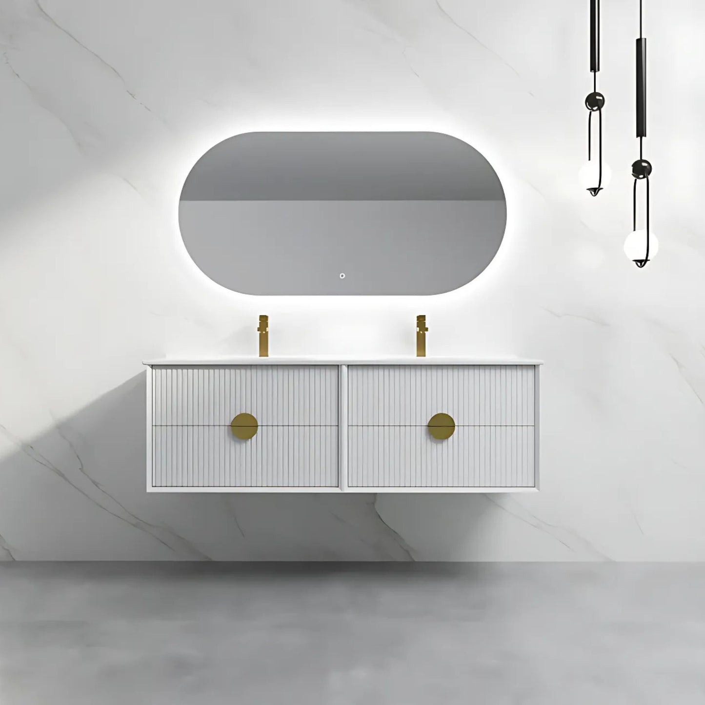 1500mm White Wall Hung Vanity | Double Basin Vanity | Fluted Drawer Front