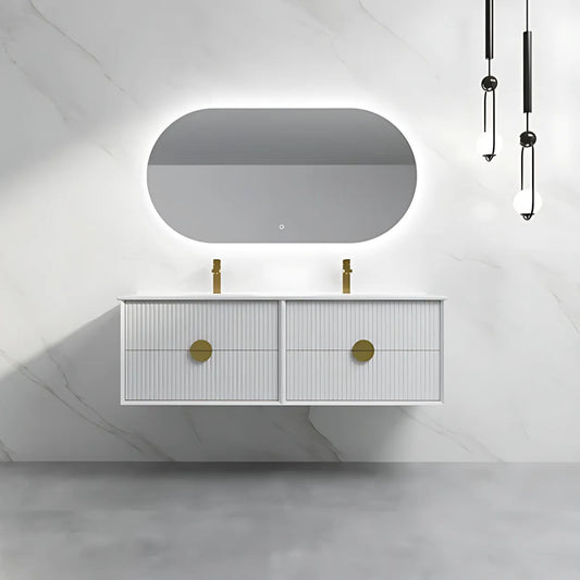 1500mm White Wall Hung Vanity | Double Basin Vanity | Fluted Drawer Front