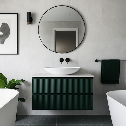 VERTO WILD 900MM PLYWOOD WALL HUNG VANITY - FOREST GREEN, FLUTED FRONT WITH CERAMIC TOP