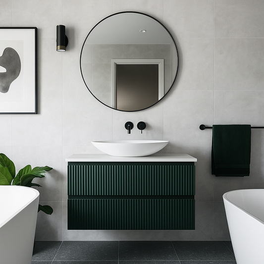 VERTO WILD 900MM PLYWOOD WALL HUNG VANITY - FOREST GREEN, FLUTED FRONT WITH CERAMIC TOP