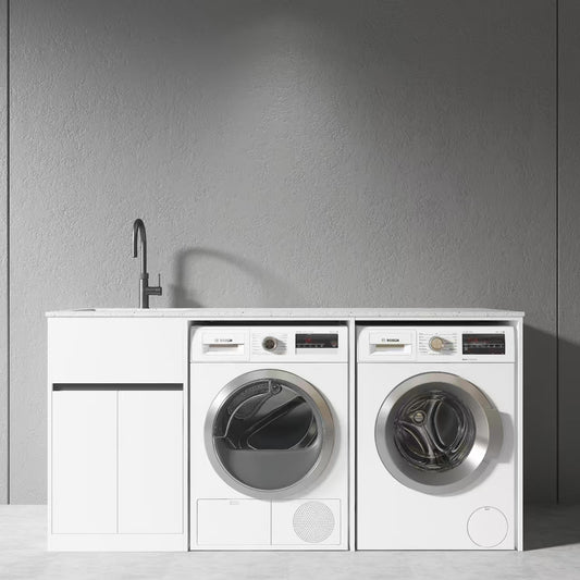 1800MM WHITE PLYWOOD LAUNDRY STATION | STONE BENCHTOP | STAINLESS STEEL SINK - The Tile Collection™