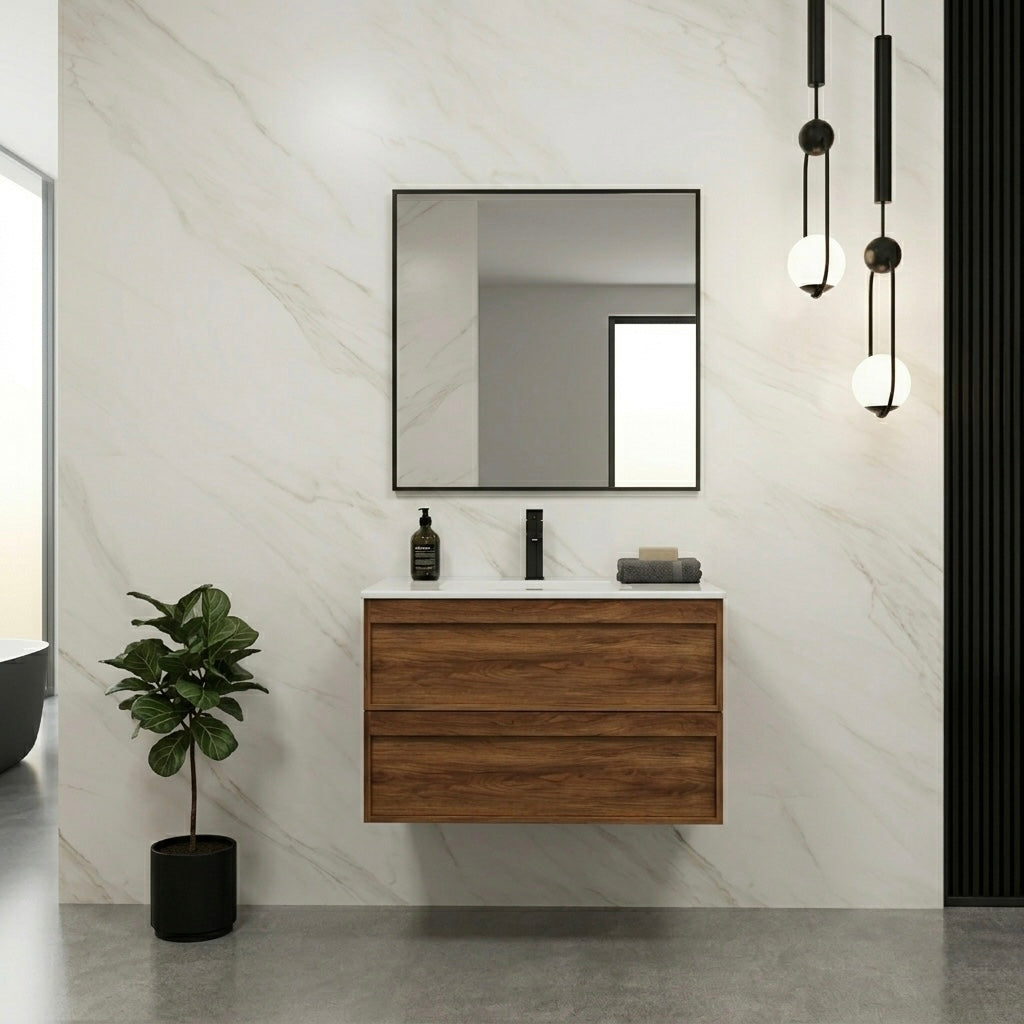 ASPEN WALNUT WALL HUNG VANITY 750MM | 2 DRAWERS, PLYWOOD FLOATING VANITY NZ