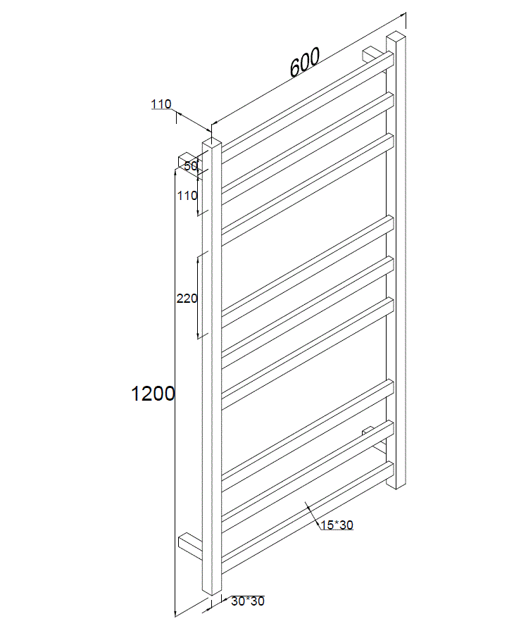 9 BAR ROUND HEATED TOWEL RAIL HTR 1200H*600W*110D- MATTE BLACK