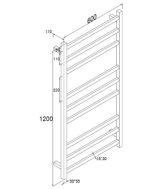 9 BAR ROUND HEATED TOWEL RAIL HTR 1200H*600W*110D- MATTE BLACK