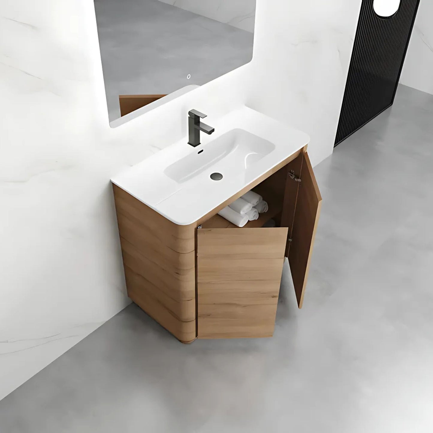 900MM BROOK CURVED FLOORSTANDING VANITY | HONEY OAK