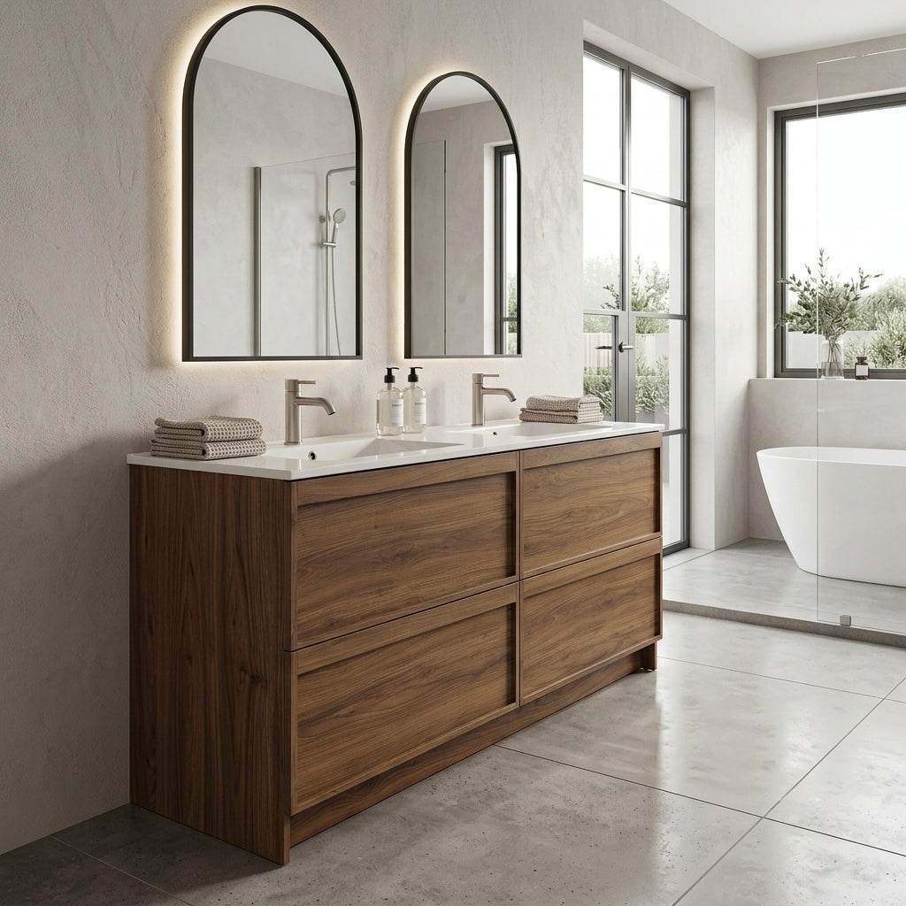 ASPEN WALNUT FLOOR STANDING VANITY 1500MM DOUBLE | 4 DRAWERS WITH CERAMIC BASIN
