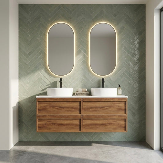 ASPEN WALNUT WALL HUNG VANITY 1200MM DOUBLE | 4 DRAWERS, PLYWOOD FLOATING VANITY NZ