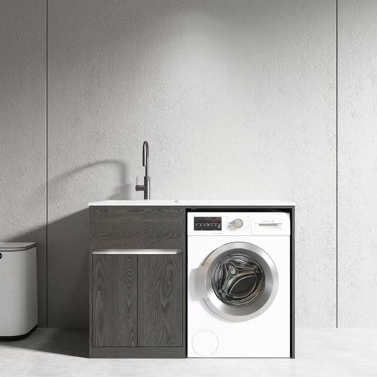 1200MM CHARRED ASH PLYWOOD LAUNDRY STATION | STONE BENCHTOP | STAINLESS STEEL SINK