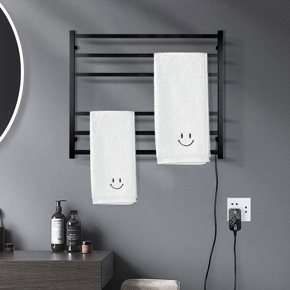 6 BAR 850MM WIDE SQUARE HEATED TOWEL RAIL 600H*850W*120D- MATTE BLACK - The Tile Collection™