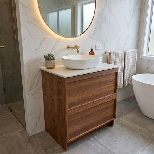 Modern Bathroom Freestanding Vanity with Ceramic Basin - 2 Drawers Walnut Bathroom Vanity 900mm