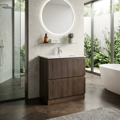 750MM FLOOR STANDING VANITY - DARK BROWN OAK, FLUTED FRONT