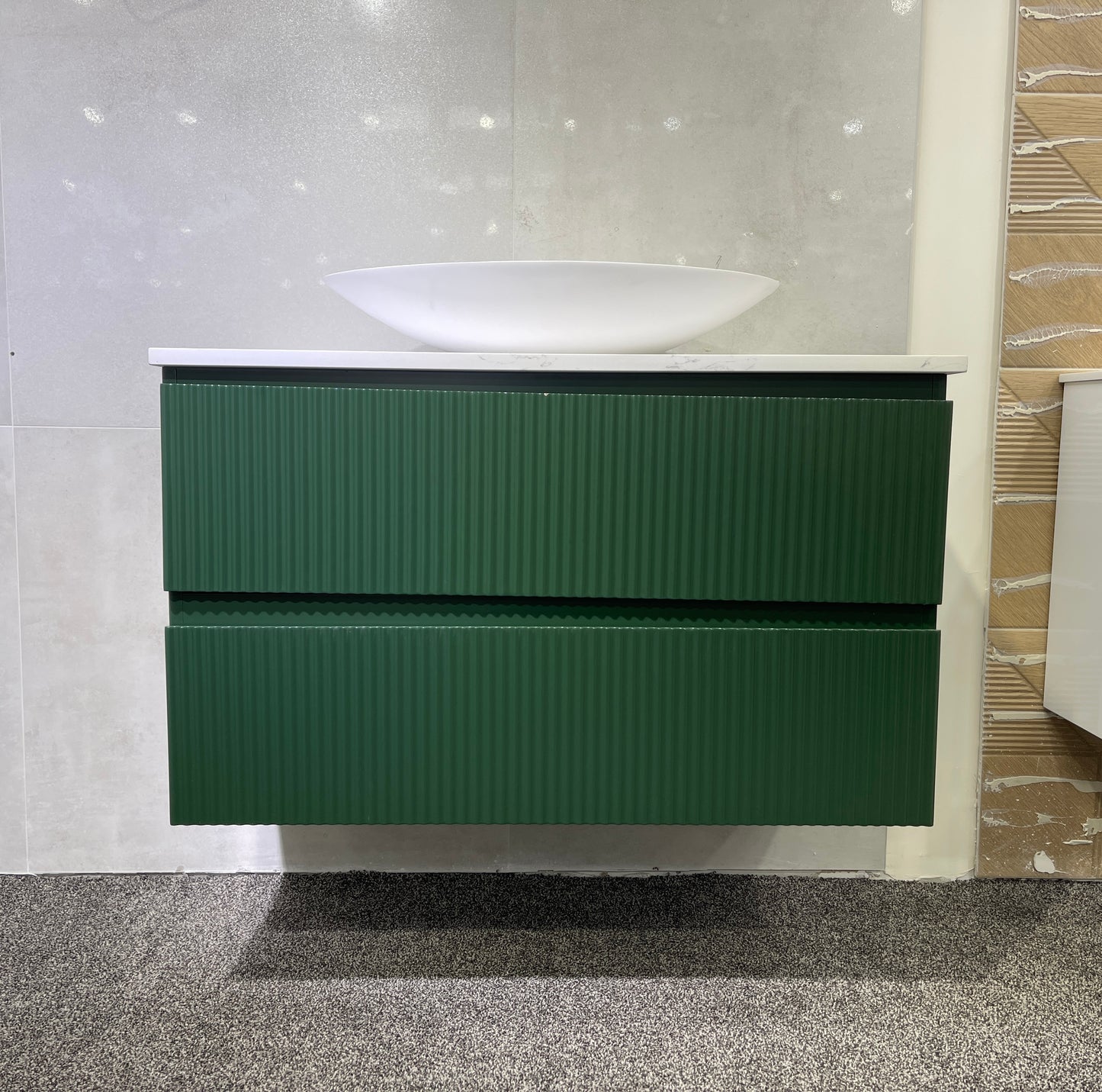 VERTO WILD 900MM PLYWOOD WALL HUNG VANITY - FOREST GREEN, FLUTED FRONT WITH CERAMIC TOP