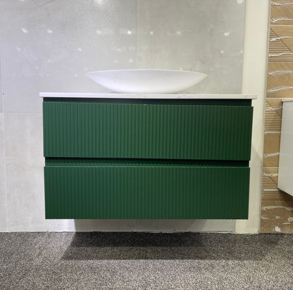 VERTO WILD 900MM PLYWOOD WALL HUNG VANITY - FOREST GREEN, FLUTED FRONT WITH CERAMIC TOP