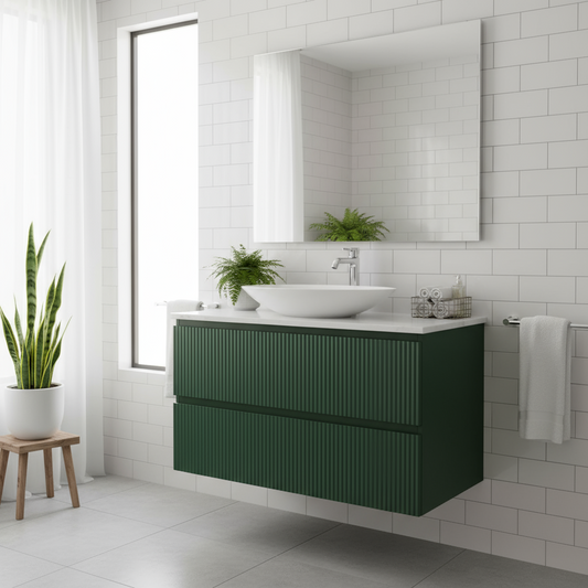 VERTO WILD 900MM PLYWOOD WALL HUNG VANITY - FOREST GREEN, FLUTED FRONT WITH CERAMIC TOP
