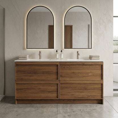 ASPEN WALNUT FLOOR STANDING VANITY 1500MM DOUBLE | 4 DRAWERS WITH CERAMIC BASIN