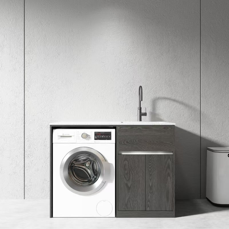 1200MM CHARRED ASH PLYWOOD LAUNDRY STATION | STONE BENCHTOP | STAINLESS STEEL SINK