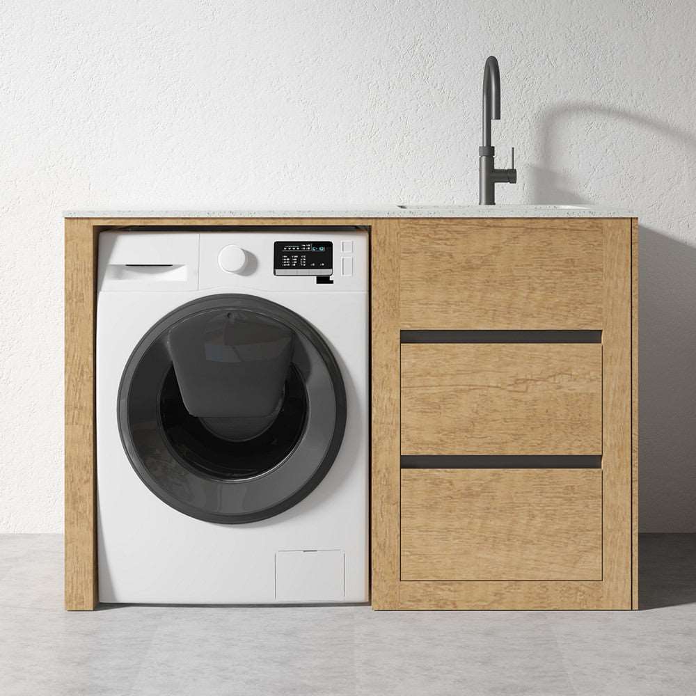 1300MM PLYWOOD LAUNDRY STATION | HONEY OAK | STONE BENCTOP | STAINLESS STEEL SINK - The Tile Collection™