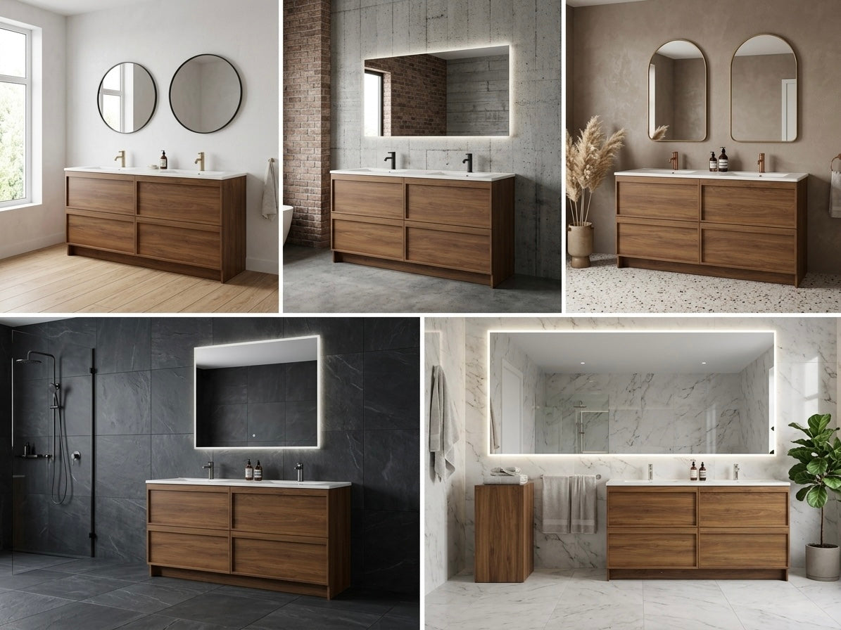 ASPEN WALNUT FLOOR STANDING VANITY 1500MM DOUBLE | 4 DRAWERS WITH CERAMIC BASIN