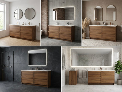 ASPEN WALNUT FLOOR STANDING VANITY 1500MM DOUBLE | 4 DRAWERS WITH CERAMIC BASIN