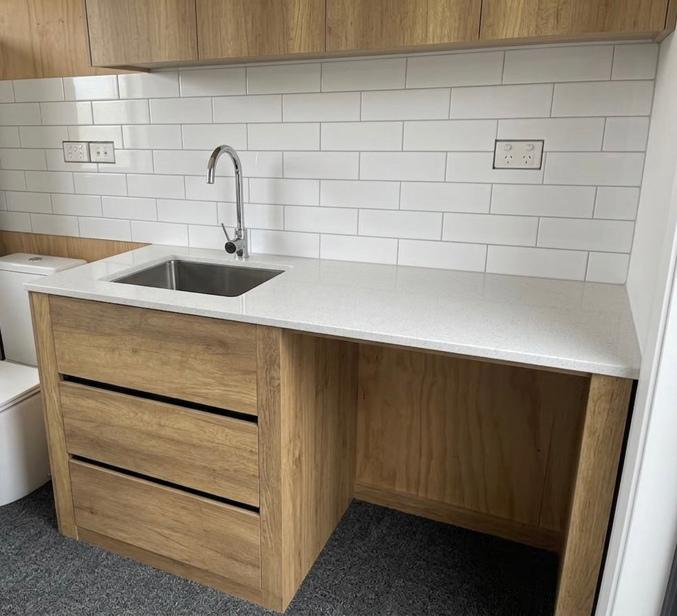 1500MM PLYWOOD LAUNDRY STATION | ANTIQUE OAK| STONE BENCHTOP | STAINLESS STEEL SINK