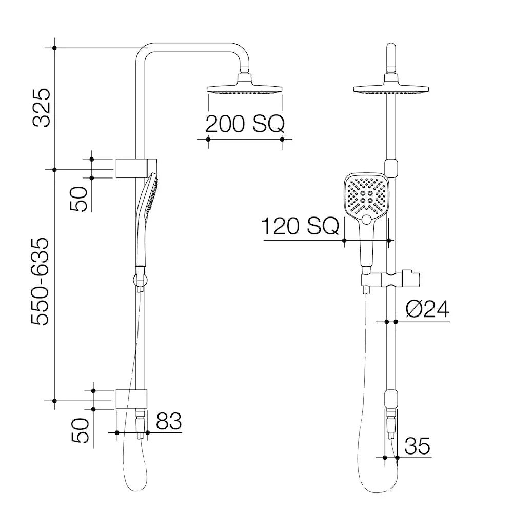 Caroma Luna® Overhead Shower Rail NZ Dimensions