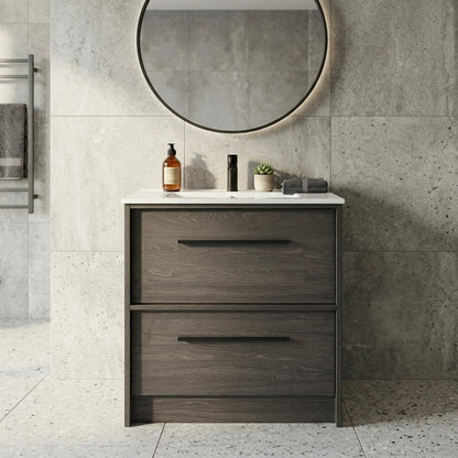 EMBER FLOOR STANDING VANITY 600MM - CHARRED ASH | 2 DRAWERS WITH CERAMIC BASIN