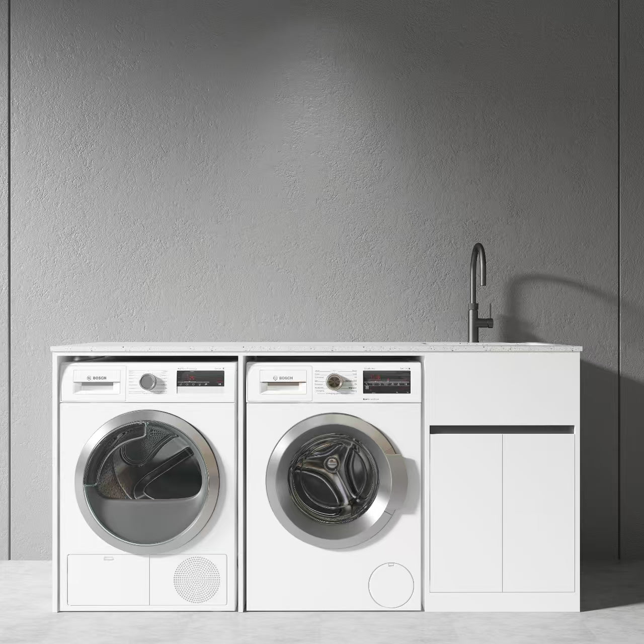 1800MM WHITE PLYWOOD LAUNDRY STATION | STONE BENCHTOP | STAINLESS STEEL SINK - The Tile Collection™