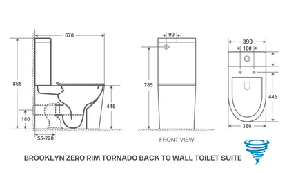BROOKLYN OVERHEIGHT ZERO RIM TORNADO BTW TOILET SUITE 670X360X865