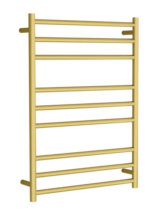 9 BAR ROUND HEATED TOWEL RAIL - BRUSHED BRASS 1200H*600W*110D