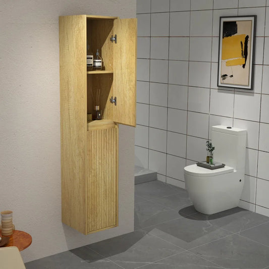 BILLY 1600MM WALL-HUNG TALL BATHROOM CABINET - FLUTED DESIGN, LIGHT OAK