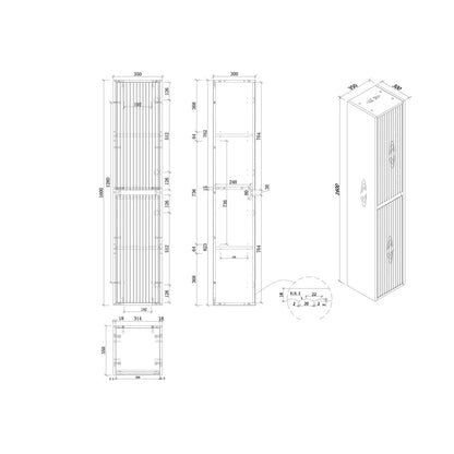 BILLY 1600MM WALL-HUNG TALL BATHROOM CABINET - FLUTED DESIGN, LIGHT OAK