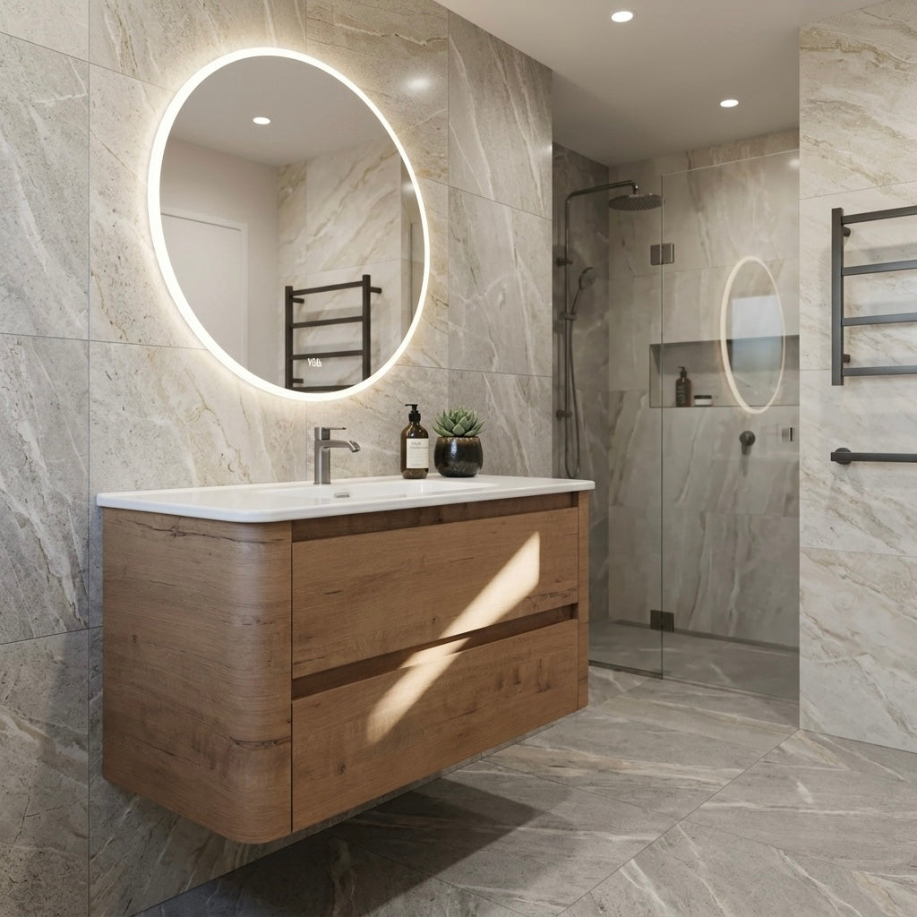 Oak plywood floating bathroom vanity with integrated ceramic basin and 2 drawers