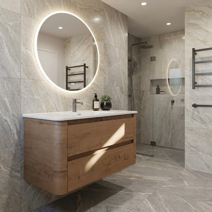 Oak plywood floating bathroom vanity with integrated ceramic basin and 2 drawers