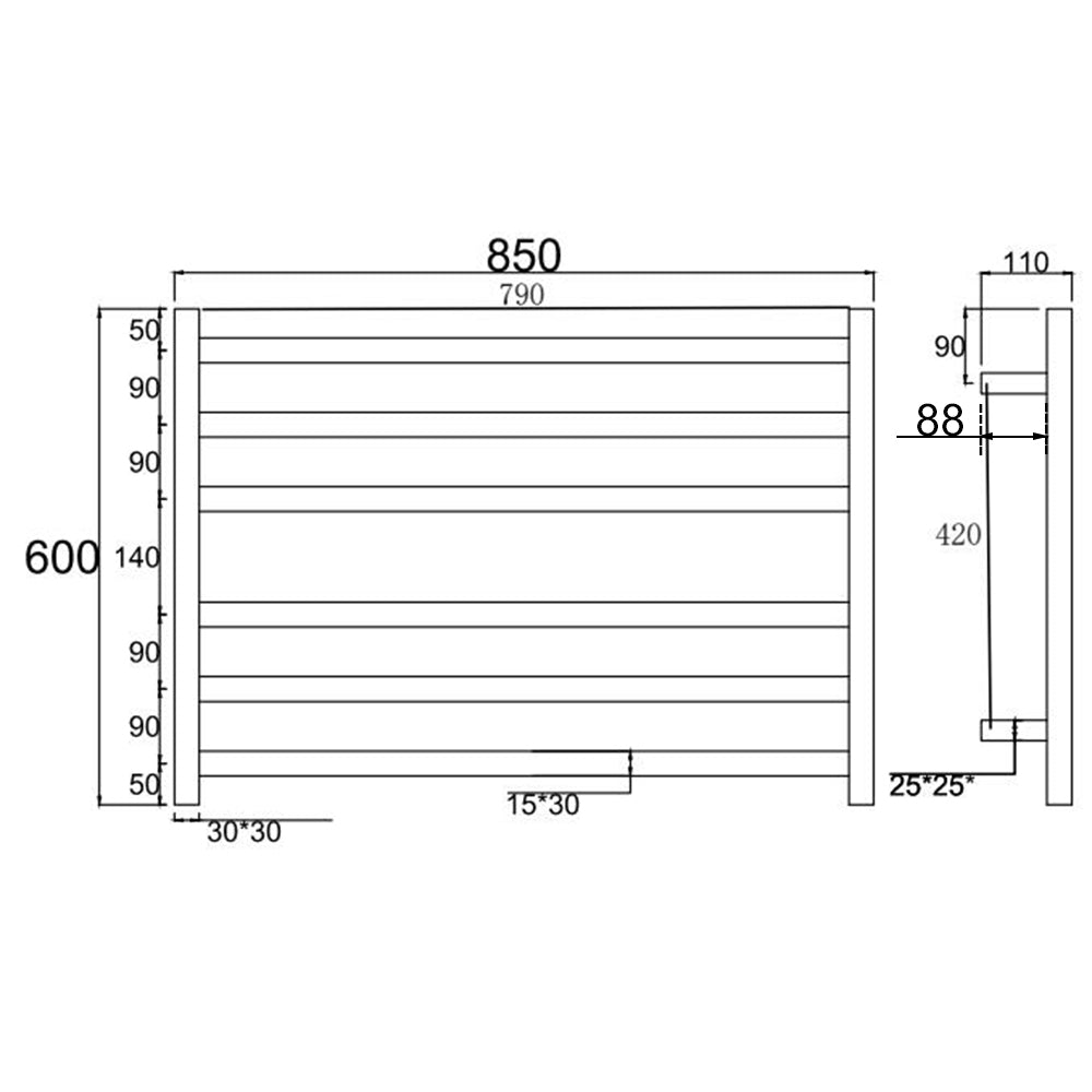 6 BAR 850MM WIDE SQUARE HEATED TOWEL RAIL 600H*850W*120D- MATTE BLACK - The Tile Collection™