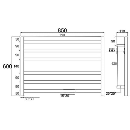 6 BAR 850MM WIDE SQUARE HEATED TOWEL RAIL 600H*850W*120D- MATTE BLACK - The Tile Collection™