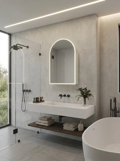 CLEARANCE ARCH LED MIRROR CABINET DN| IR WAVE SENSOR | 3-COLOUR LIGHT | DEMISTER |  MATTE WHITE