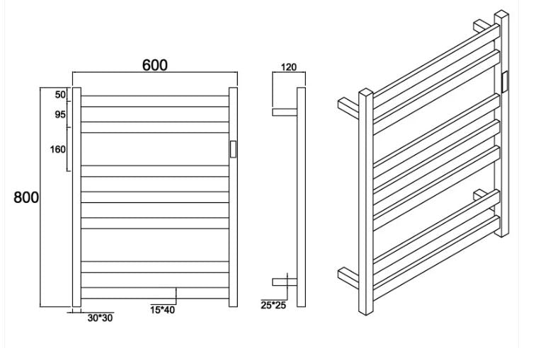 7 BAR SQUARE HEATED TOWEL RAIL DN 800H*600W*120D- BRUSHED BRASS