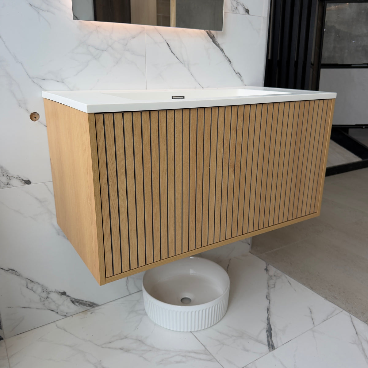 NORDI 900MM WALL HUNG FLUTED OAK VANITY | SINGLE DRAWER