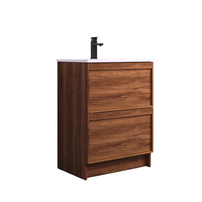 ASPEN WALNUT FLOOR STANDING VANITY 600MM | 2 DRAWERS WITH CERAMIC BASIN
