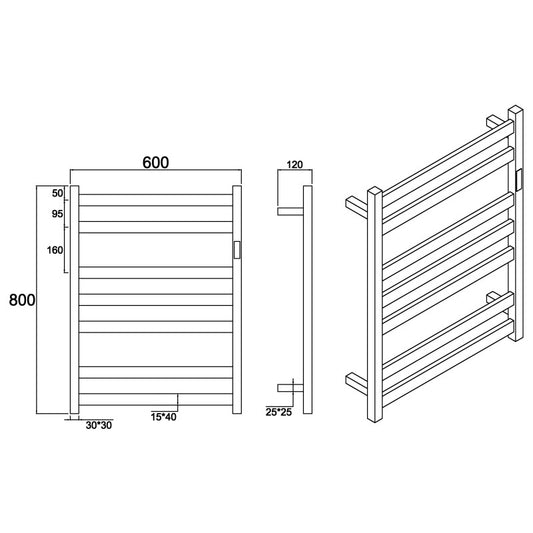 7 FLAT BAR SQUARE HEATED TOWEL RAIL WITH BUILT-IN TIMER DN 800H*600W- CHROME