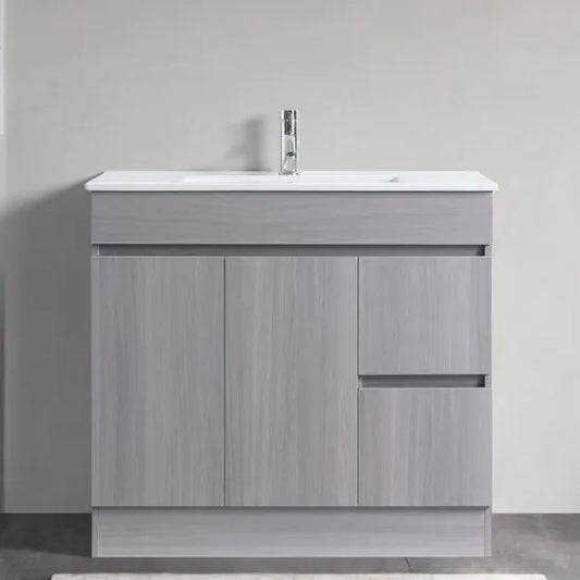 DN 900MM LIGHT GREY PLYWOOD FREESTANDING VANITY WITH CERAMIC TOP